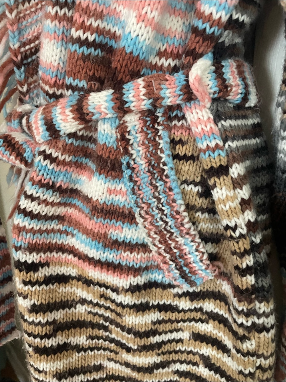 POL Striped Fringed Belted Cardigan in Brown, Pink & Blue - Picture 2 of 4